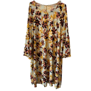 Cream Floral Midi Dress with Pink & Mustard Accents